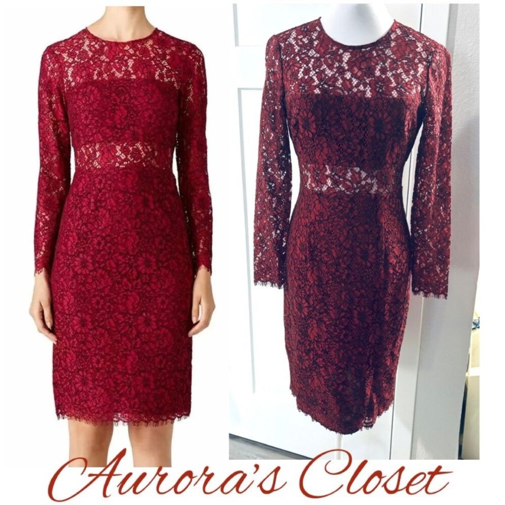 Shoshanna 4 Lace Dress Long Sleeve Garnet Red Illusion Sheer Eyelash $398
